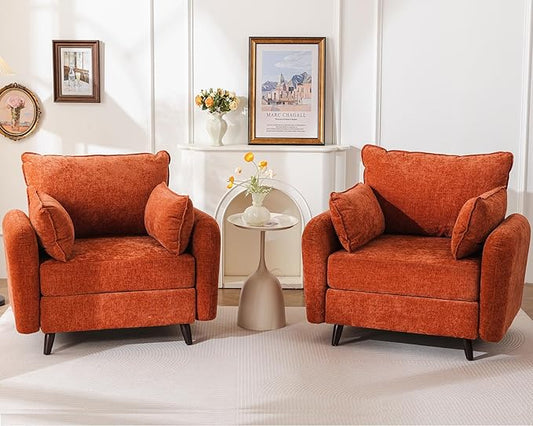Oversized Accent Chair Set of 2,All Seats Storage,Comfy Armchair,24.5'' Deep Seat,Upholstered Living Room Chairs,Reading Chair for Bedroom,Office,Chenille,Orange