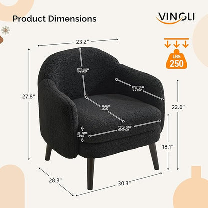 VINGLI 30.3" Wide Modern Barrel Accent Armchair with Track Armrest, Solid Wooden Legs, Comfy Upholstered Club Chair, Round Single Home Sofa for Living Room, Bedroom, Reading Room,Teddy Fleece Black
