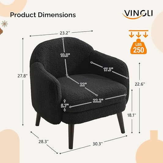 VINGLI 30.3" Wide Modern Barrel Accent Armchair with Track Armrest, Solid Wooden Legs, Comfy Upholstered Club Chair, Round Single Home Sofa for Living Room, Bedroom, Reading Room,Teddy Fleece Black