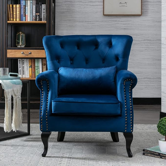 chairus Mid-Century Modern Accent Chair Comfy Tufted Single Sofa Chair Wingback Armchair with Pillow for Club, Living Room, Bedroom - Velvet, Blue