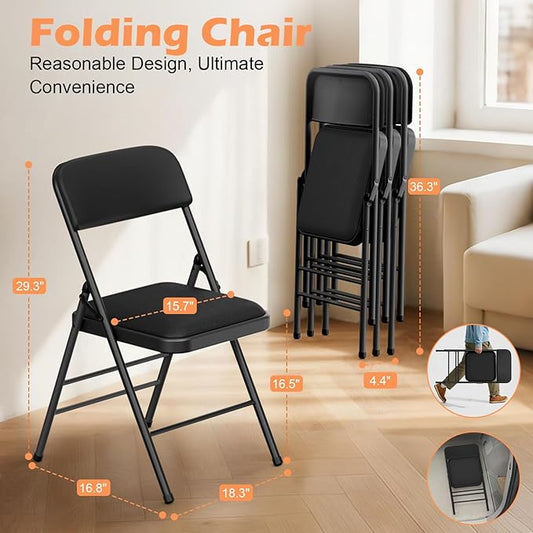 Folding Chairs 4 Pack with Padded Cushion and Back, Metal Folding Chairs with Comfortable Cushion and Durable Steel Frame Capacity for Home, Office, Party and Outdoor Events (PU-Black, 4 Pack)