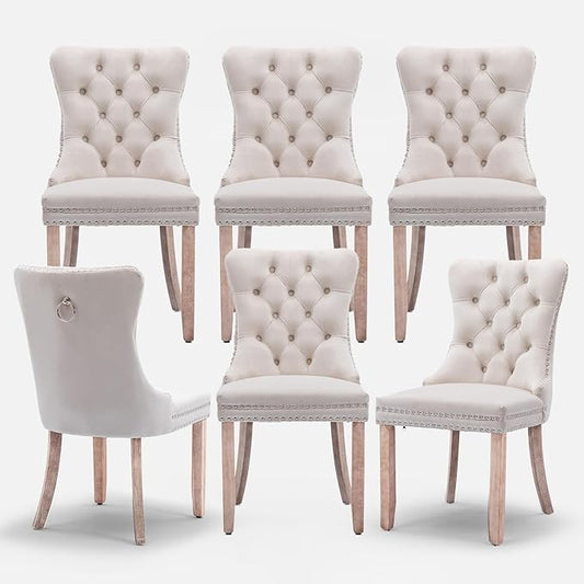 Velvet Upholstered Dining Chairs Set of 6, Modern Style Kitchen Side Chairs with Nailhead Trim and Wood Legs,Metal Pulling Ring for Dining Room Living Room(Beige,Set of 6)