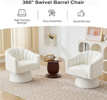 Swivel Accent Chair Set of 2, Upholstered Teddy 360° Swivel Barrel Chair for Living Room Overstuffed Bouncle Reading Chair Round Armchair for Bedroom,Vanity,Office-White