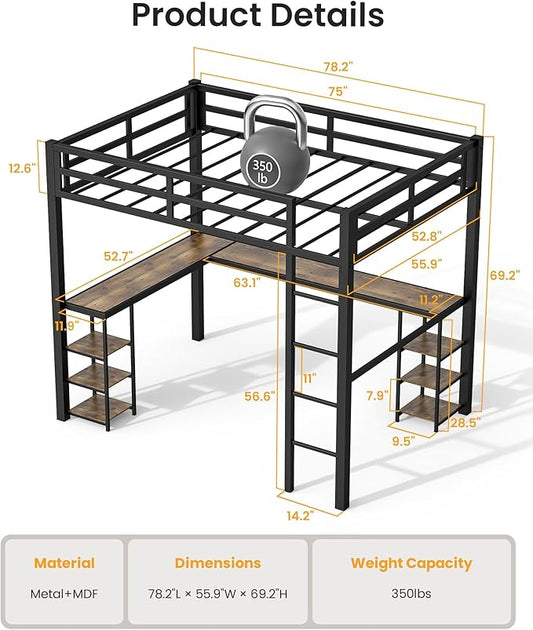 Full Size Loft Bed with Desk & Open Shelves, Heavy Duty Metal Bed Frame with Safety Guardrails & Ladder, Loft Beds with Vintage Wood Finish L-Shaped Desk, Black