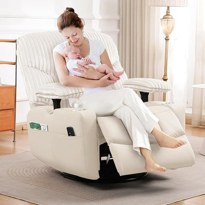 GRAINELL Rocking Chair Nursery, Electric Swivel Recliner Glider with Adjustable Armrests, Nursing Chair with USB Charger, Cup & Blanket Holders, Beige Corduroy & PU Leather