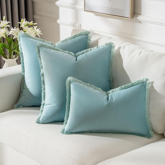 FUTEI Aqua Velvet Decorative Throw Pillow Covers 26x26 Set of 2,Soft Cozy Edge with Tassels Euro Pillow Shams,Boho Modern Home Decor for Couch Bed Living Room