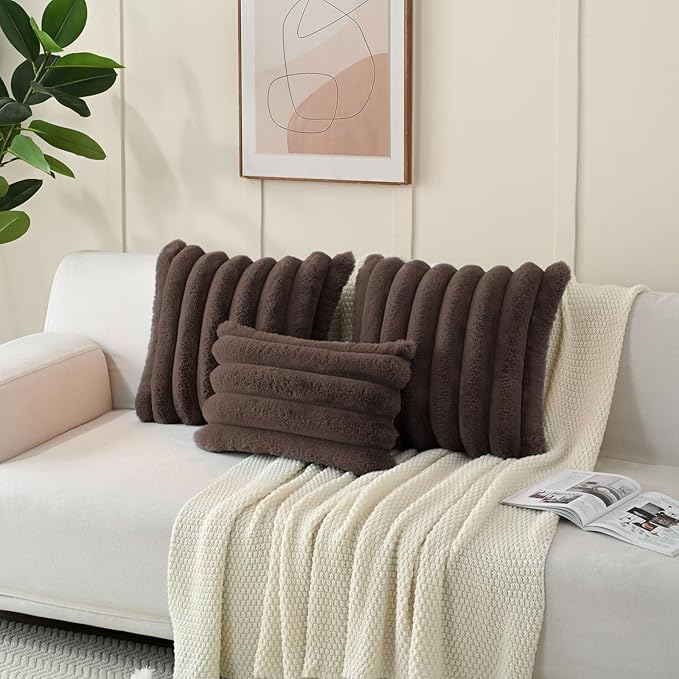 FUTEI Dark Coffee Decorative Throw Pillow Covers 20x20 Inch Set of 2, Square Soft Faux Rabbit Fur Big Striped Cushion Cover,Home Decor for Couch Sofa Bed Living Room
