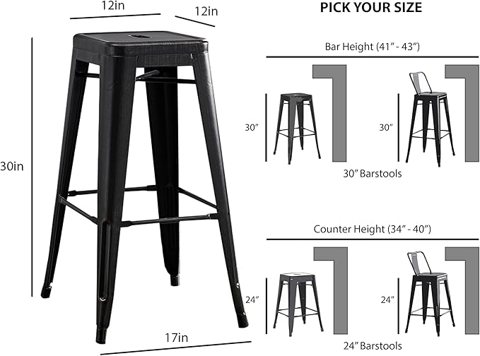 AC Pacific 30” Metal Backless Barstool Set of 2 – Country Rustic Style, Lightweight & Sturdy Build, Easy Assembly – Midnight