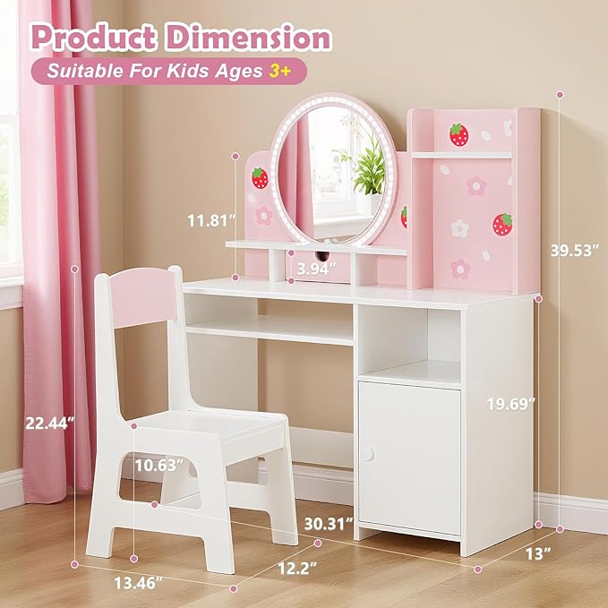 JOYLDIAS Kids Vanity with Lights, Pink Girls Makeup Vanity with Open Bookshelf, Storage Cabinet & Shelves, 2 in 1 Toddler Vanity Desk and Chair Set, Dressing Table for Kids 3+