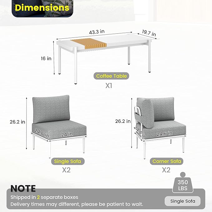 Sundale Outdoor 5 Pieces Metal Patio Furniture Set, Outdoor Sectional Sofa w/6 Inch Olefin Cushion and Coffee Table, Modern Outdoor Conversation Sets (4 Seats, White Frame)