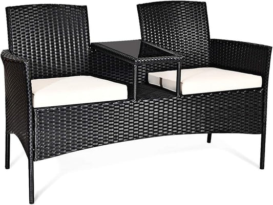 COSTWAY 2-Seat Patio Conversation Sets, Outdoor Patio Loveseat Set with Removable Cushions & Built-in Coffee Table for Backyard, Garden, Lawn, Balcony, Black+Beige
