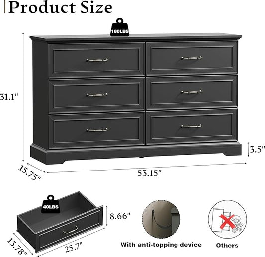 Farmhouse 6 Drawers Dresser for Bedroom, 54" Wide Modern Chest of Drawers with Deep Drawers & Bar Handles, Rustic Wood Dresser TV Stand, Wooden Closet Storage Organizer for Living Room, Hallway, Black