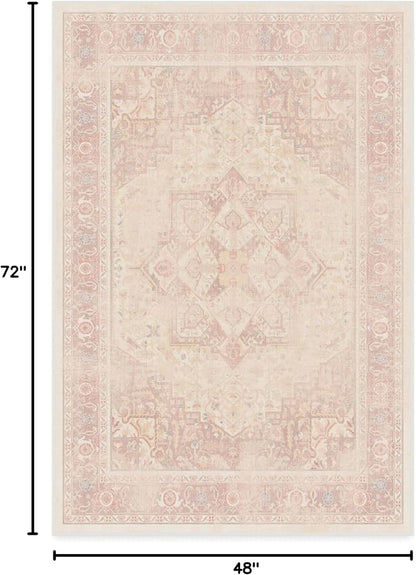 RUGGABLE Washable Area Rug – Kamran Soft Pink 4x6, Stain-Resistant, Non-Slip – Medium Machine Washable Rugs for Living Room, Bedroom, Hallway, Entryway & Office–with Cushioned Pad