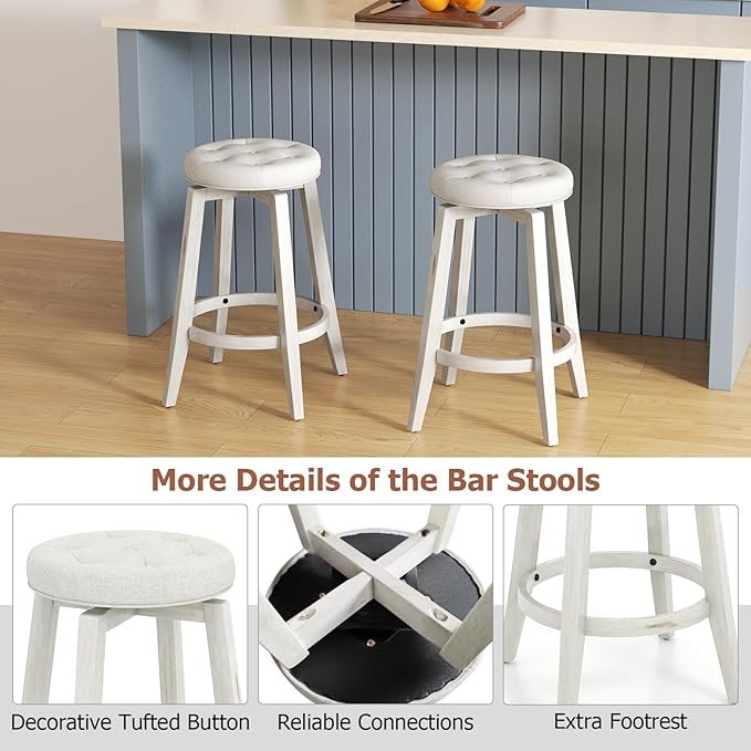 COSTWAY 360° Swivel Bar Stools Set of 2, 26-inch Height Vintage Upholstered Rubberwood Backless Bar Chairs with Footrest, Retro Kitchen Counter Stools for Kitchen Island Dining Room Home Bar, White