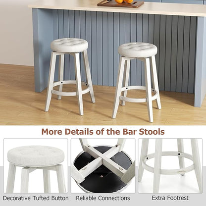 COSTWAY 360° Swivel Bar Stools Set of 2, 26-inch Height Vintage Upholstered Rubberwood Backless Bar Chairs with Footrest, Retro Kitchen Counter Stools for Kitchen Island Dining Room Home Bar, White