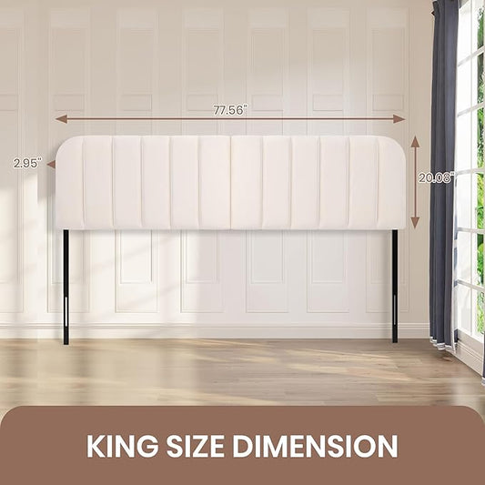 Upholstered Headboard - Striped Interval - Adjustable Height - Metal Legs - Bed Frame (Beige, King (U.S. Standard))