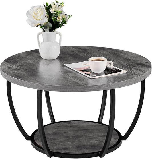 VEVOR Coffee Table, Modern Round Coffee Table, 2 Tiers Wooden Circle Center Desk with Open Storage, Minimalist Sturdy Metal Frame Accent End Desk for Living Room, Office, Easy Assembly, Grey