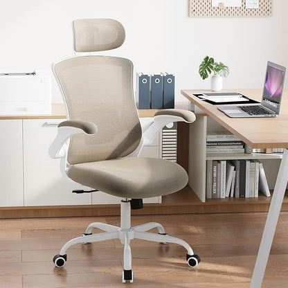 Ergonomic Office Chair with Adjustable Lumbar Support & Headrest, High Back Mesh Desk Chair with Flip-Up Armrests, Breathable & Comfortable Computer Chair for Home, Office & Study –Khaki