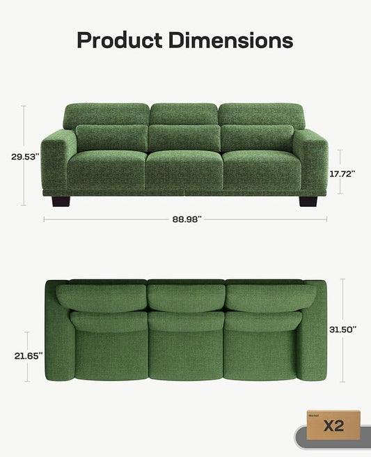 Marsail Modern 89 Inch Linen Fabric Sofa, 3-Seater Couch with Wide Armrests, Deep Cushions & Removable Washable Covers, Comfortable Living Room Furniture, Green