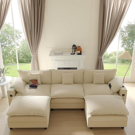 Cloud Couch, Modular Sectional Sofa with Ottoman, Charging Station, Throw Pillows, Cup Holders, Modern Convertible L Shaped Couches for Living Room, Bedroom (White, 116"- U Shape)