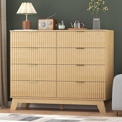Fluted Dresser for Bedroom,8 Drawer Dresser for Closet Organizer and Storage Cabinet,Chest of Drawers with Gold Handle,TV Stand,Storage Organizer for Living Room,Hallway,Entryway,Nature Oak