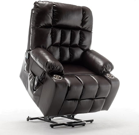 Large Power Lift Recliner Chair with Massage and Heat for Elderly,Overstuffed Wide Recliners,Breathable Leather with 2 Cup Holders,Dual OKIN Motor,Recline up to 180 Degrees