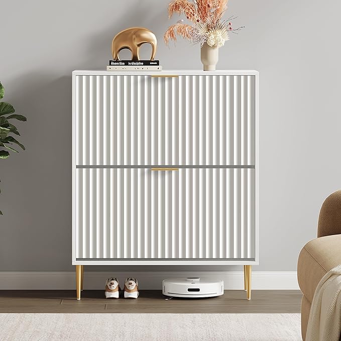 SICOTAS Fluted Shoe Cabinet Storage for Entryway with 2 Flip Drawers-11.8" Deep Freestanding Shoe Organizer Cabinet with 6-Tier Shelves, Large 20 Pairs Shoes Rack Cabinet for Foyer Hallway, White