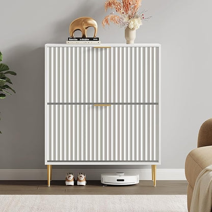 SICOTAS Fluted Shoe Cabinet Storage for Entryway with 6 Flip Drawers-11.8"Deep Freestanding Shoe Organizer Cabinet with 6-tier Shelves, Large 60 Pairs Shoes Rack Cabinet for Foyer Hallway, White, 3PCS