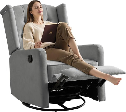ABAKAN Swivel Rocker Recliner Chair, 360 Degree Nursery Rocking Recliner, Linen Glider Chair with Button Tufted Wingback Chair, for Living Room, Bedroom, Grey