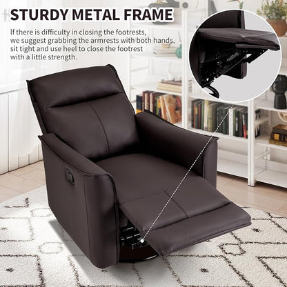 CANMOV Swivel Rocker Recliner, Glider Rocking Chair, Nursing Chairs Swivel Glider Recliners with Soft Backrest, Leathaire Manual Reclining Sofa for Living Room Bedroom Apartment, Dark Brown