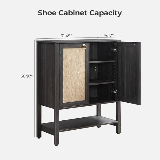 SICOTAS Rattan Shoe Storage Cabinet - 5 Tier Farmhouse Boho Shoe Storage Organizer Cabinet with Doors and Shelves, Tall Shoe Rack for Entryway, Hallway, Living Room, Closet (Obsidian)