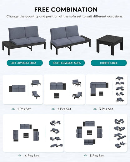 SERWALL HDPE Outdoor Sofa Set, All-Weather Patio Furniture Set, Seats 6, Modular Sectional Patio Furniture for Deck, Yard and Balcony, Black Frame with Grey Cushion