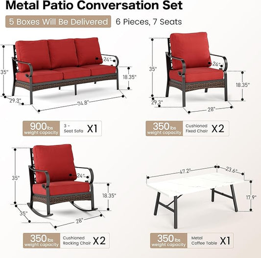 6 Piece Metal Outdoor Patio Furniture Set, Patio Conversation Set with Rocking Chair and 5.75" Thick Cushion & Coffee Tabl, Outdoor Seating Black Frame Backyard Furniture, Rust Red