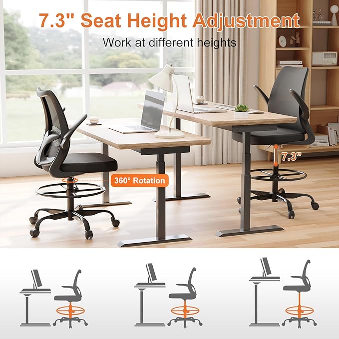 Drafting Chair,Tall Office Chair with Adjustable Footrest Ring,Lumbar Support,Ergonomic High Desk Seat,Flip-Up Armrests,Breathable Mesh Standing Stool for Home Office,Black
