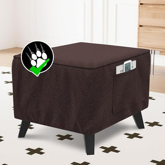 H.VERSAILTEX Thick Durable Linen Look Ottoman Cover Square Fit Length 24"-25" Footrest Folding Storage Stool Furniture Protector Soft Slipcover for Living Room with Elastic Bottom - Heather Chocolate