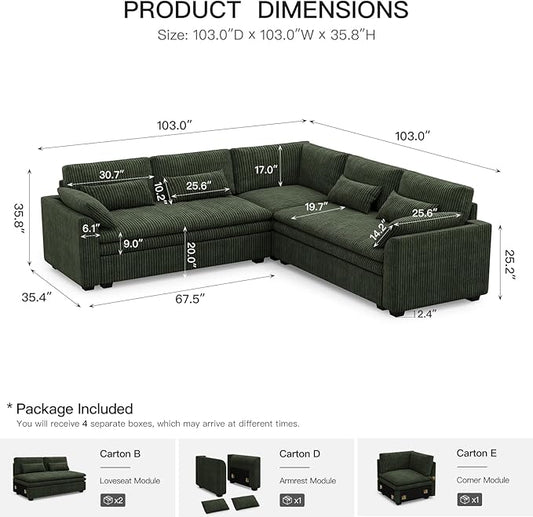 Belffin Large Modular Sectional Sofa with Double 61" Loveseat, Corduroy Corner Couch with 9" Soft Dual-Layer Seats Cushion for Living Room, Apartment, Small Sapce, Green