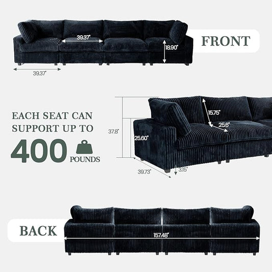 Modular Sectional Sofa Couch, 157.48" Oversized Cloud Couch, 4 Deep Seat Comfy Modular Sofas for Living Room, Plush Sofa Cushion Covers Removable, Black