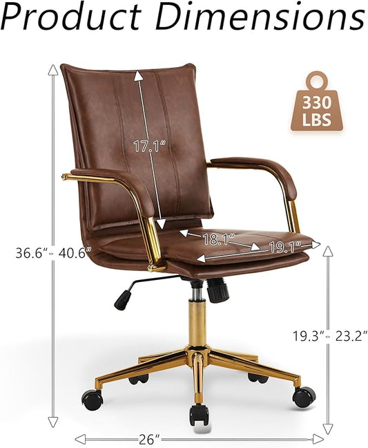 MOJAY Mid-Back Ergonomic Leather Office Desk Chair, Modern Upholstered Computer Chair, Executive Office Chair with Arms, Swivel Adjustable Rolling Chair with Gold Base (Brown)