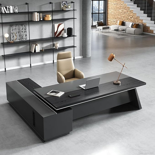 Modern L Shape Executive Desk with Storage Drawers – Large Black Corner Office Desk for Home Workspace, Spacious Executive Desk with Cabinets (Black/Right, 87" L * 63" W * 30" H)