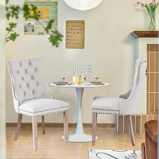 Linen Upholstered Dining Chairs Set of 2, Modern Style Kitchen Side Chairs with Nailhead Trim and Wood Leg, Metal Pulling Ring for Dining Room Living Room(Beige,Set of 2)