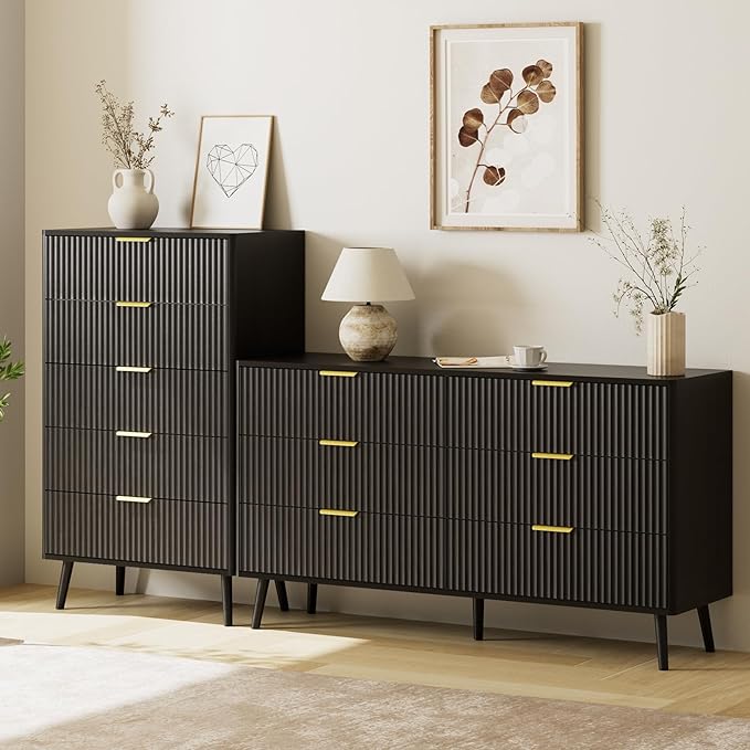 LYNSOM Fluted Dresser and Nightstand Sets 4 Piece, 2-Drawer Nightstands and 5/6 Drawers Dresser, Wood Bedroom Furniture Set for Home, Bedroom, Hallway, Black
