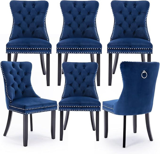Velvet Upholstered Dining Chairs Set of 6, Modern Style Kitchen Side Chairs with Nailhead Trim and Wood Legs,Metal Pulling Ring for Dining Room Living Room(Blue,Set of 6)