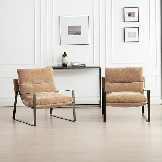 Mid-Century Accent Chair Set of 2, Comfy Chenille Fabric Side Chair with Armrest, Upholstered Leisure Chair with Bronze Metal Frame for Living Room Reception Room, Khaki
