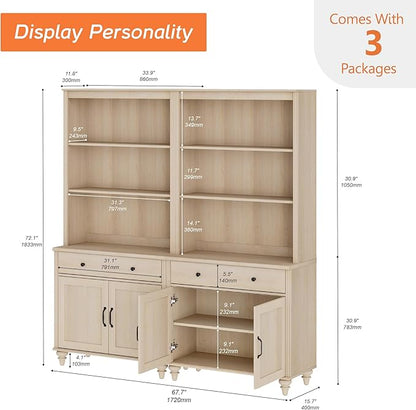 WAMPAT 5 Tier Bookshelf 72" Tall Bookcase with Barn Doors, Large Farmhouse Display Book Shelf with 2 Drawers and Storage Cabinet, Library Wood Bookshelves for Living Room,Kitchen, Light Oak(2PCS)