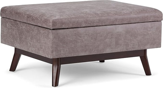 SIMPLIHOME Owen 34 inch Wide Mid Century Modern Rectangle Coffee Table Storage Ottoman in Distressed Grey Taupe Vegan Faux Leather, Assembled, for the Living Room, Entryway and Family Room