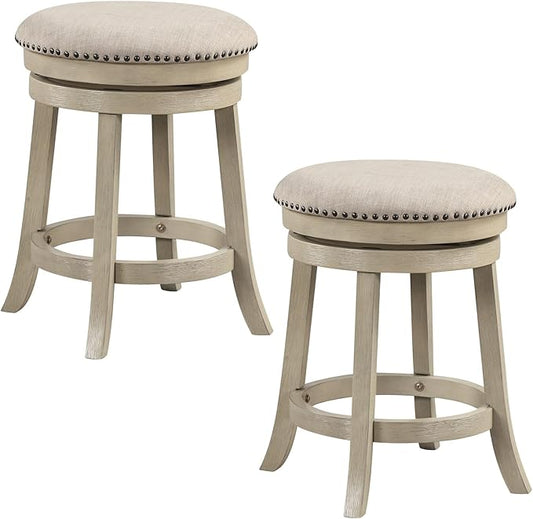 COSTWAY 360° Swivel Bar Stools Set of 2, 24-inch Height Upholstered Round Barstools with Wooden Frame, Seat and Footrest, Backless Solid Wood Counter Stools for Kitchen Island Bistro Pub, Beige