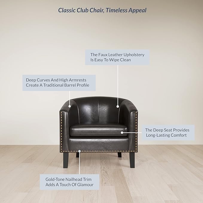 BELLEZE Accent Barrel Chair, Set of 2 Modern Faux Leather Tub Club Chair Upholstered Armchair with Gold Nail Head Trim and Black Legs for Living Room Bedroom Apartment Lounge - Dark Brown