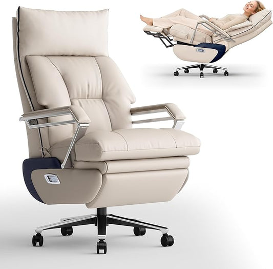 M80A Dual Motor Electric Executive Office Chair with Footrest, Comfortable Reclining Office Chair Wide Seat, Big and Tall Ergonomic Leather Home Office Desk Chair (Beige,Multi-Functionality)