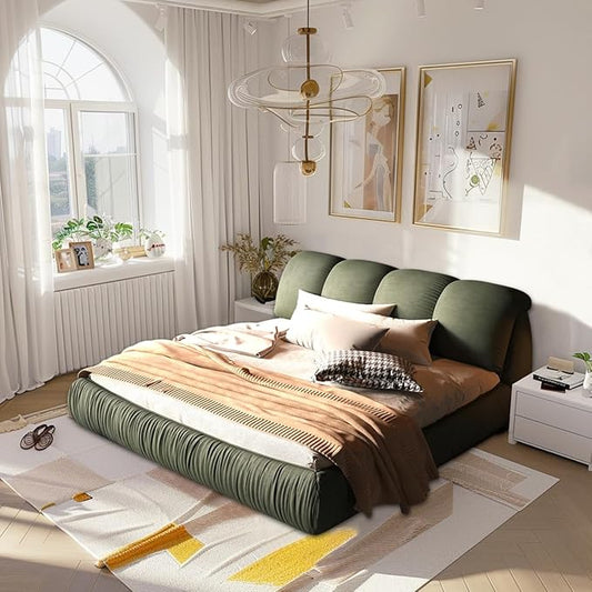 King Size Upholstered Platform Bed with Oversized Padded Backrest and Solid Wood Frame for Bedroom, Apartment Room, Green