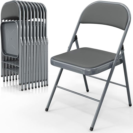 VINGLI 10 Pack Folding Chairs with Padded Seats, Metal Frame with Pu Leather Seat & Back, Capacity 350 lbs, Gray